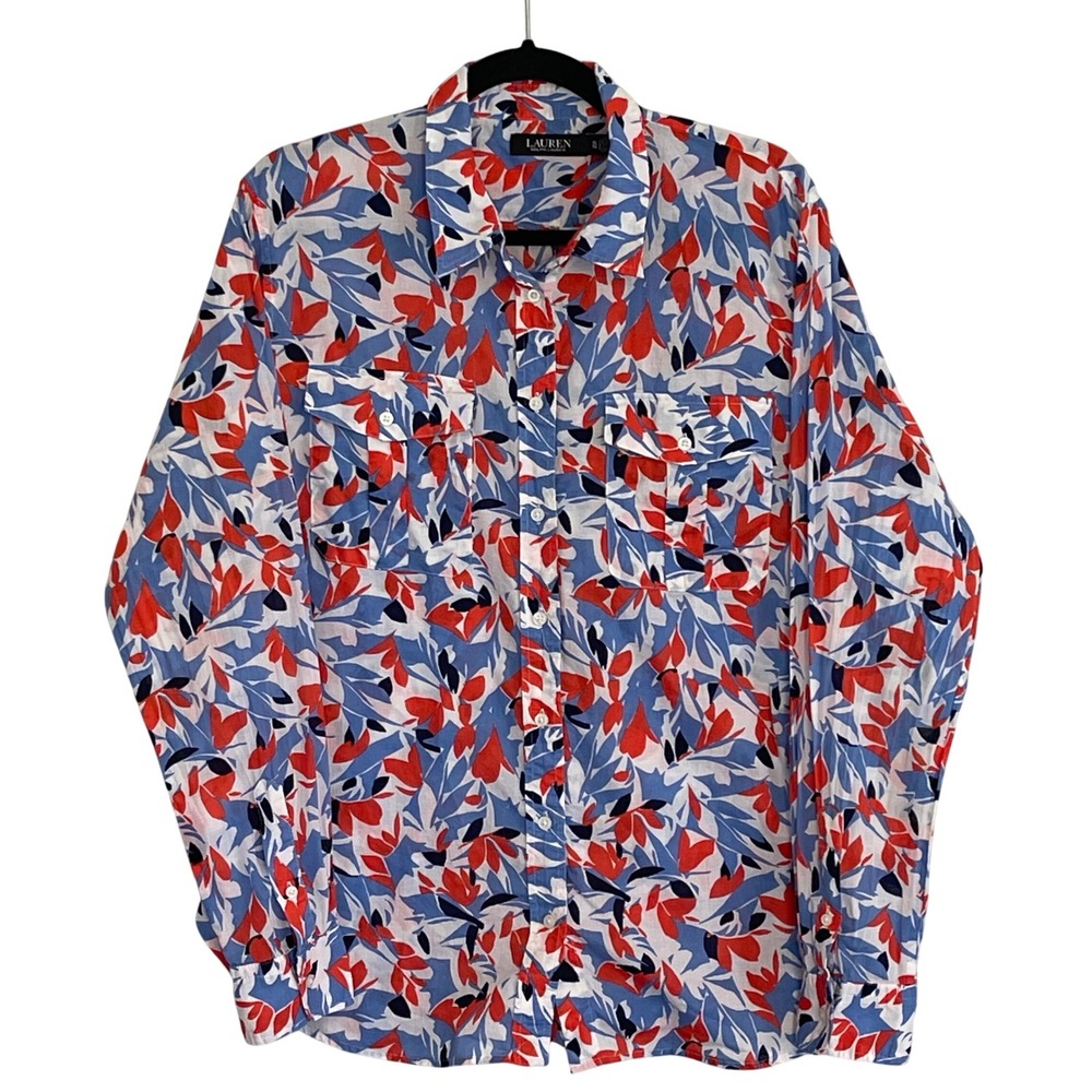 Lauren Ralph Lauren‎ Womens XL Red Blue White Abstract Cotton Button Up Shirt